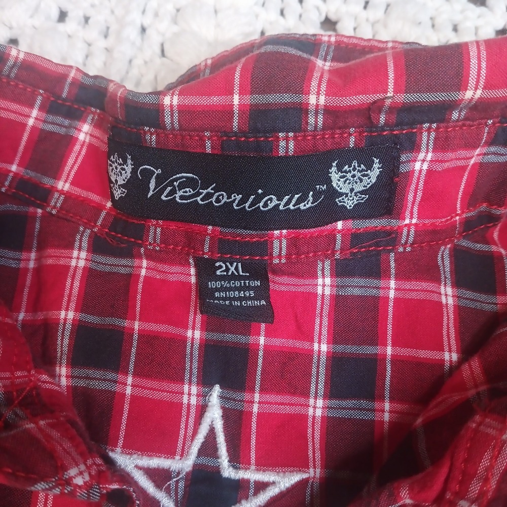 Victorious Urban Couture Embroidered Button Up Shirt Mens 2X Y2K Gingham Plaid - Picture 7 of 12